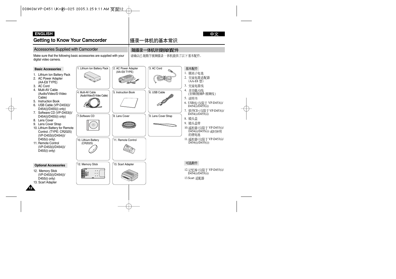Getting to know your camcorder | Samsung VP-D451 User Manual | Page 12 / 119