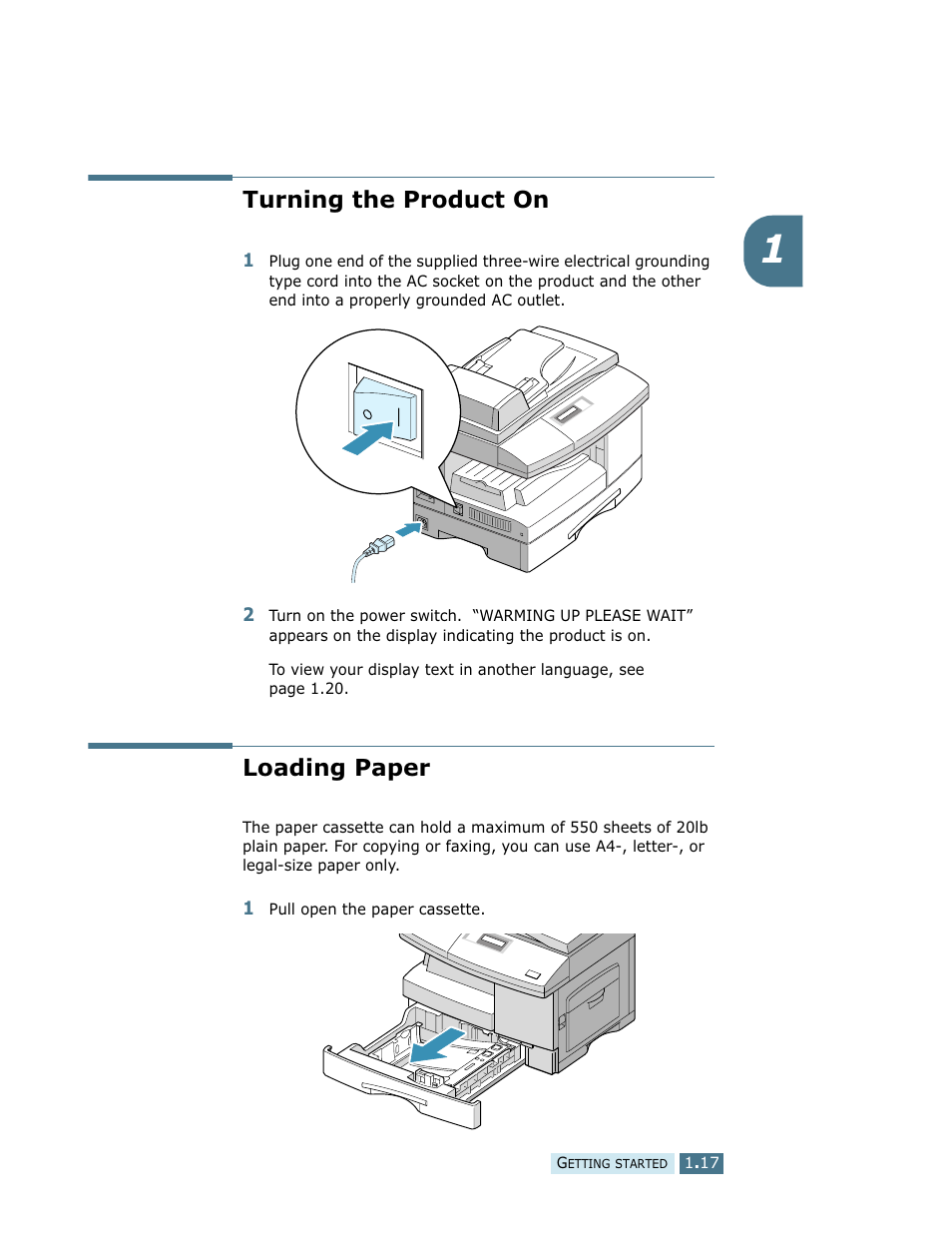 Turning the product on loading paper, Turning the product on, Loading paper | Samsung SCX-5112 User Manual | Page 30 / 127