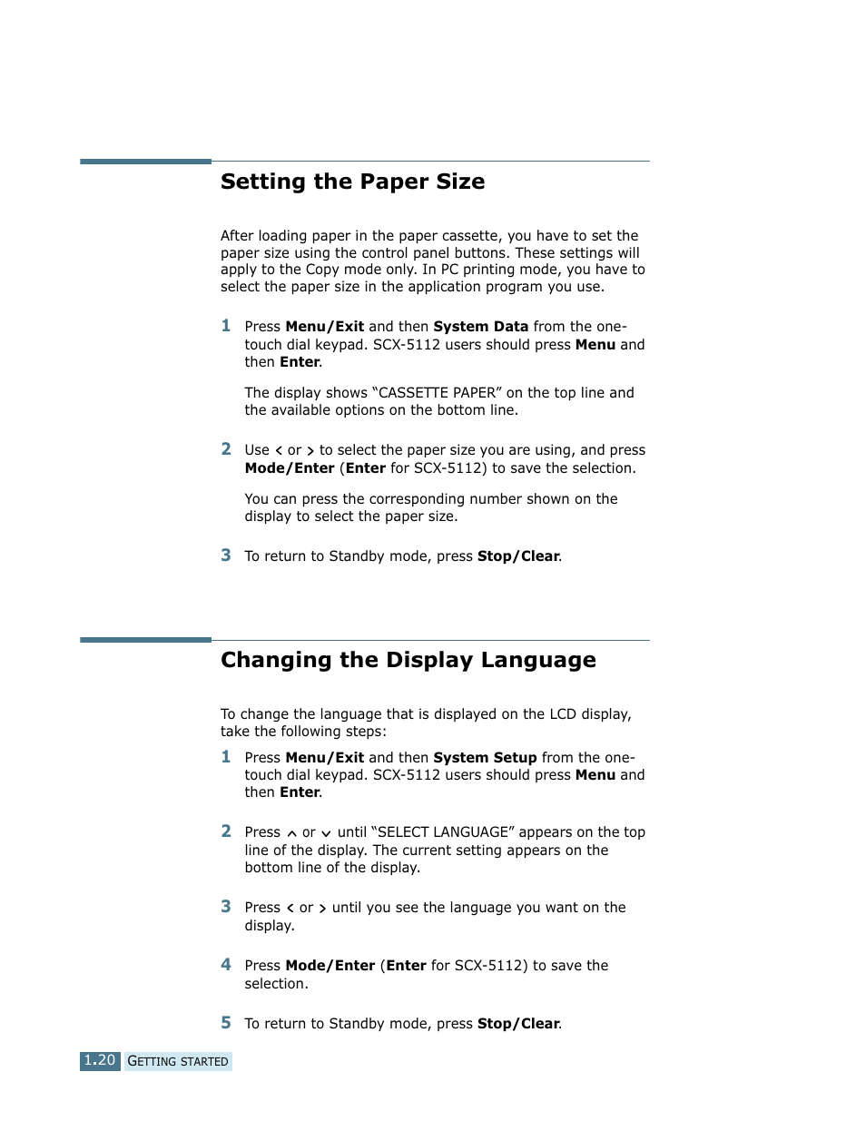 Setting the paper size, Changing the display language | Samsung SCX-5112 User Manual | Page 33 / 127