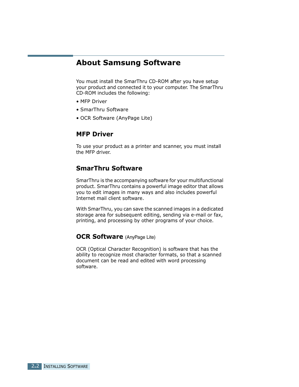 About samsung software, Mfp driver smarthru software ocr software (an, Mfp driver | Smarthru software, Ocr software | Samsung SCX-5112 User Manual | Page 37 / 127