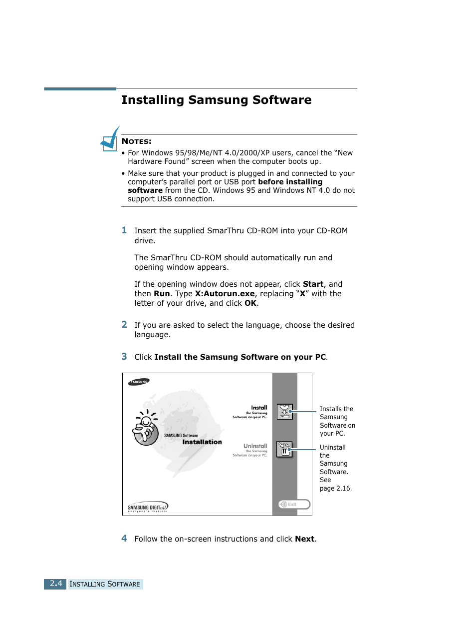 Installing samsung software | Samsung SCX-5112 User Manual | Page 39 / 127