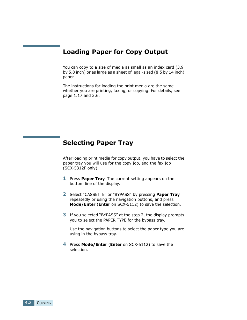 Loading paper for copy output selecting paper tray, Loading paper for copy output, Selecting paper tray | Samsung SCX-5112 User Manual | Page 63 / 127