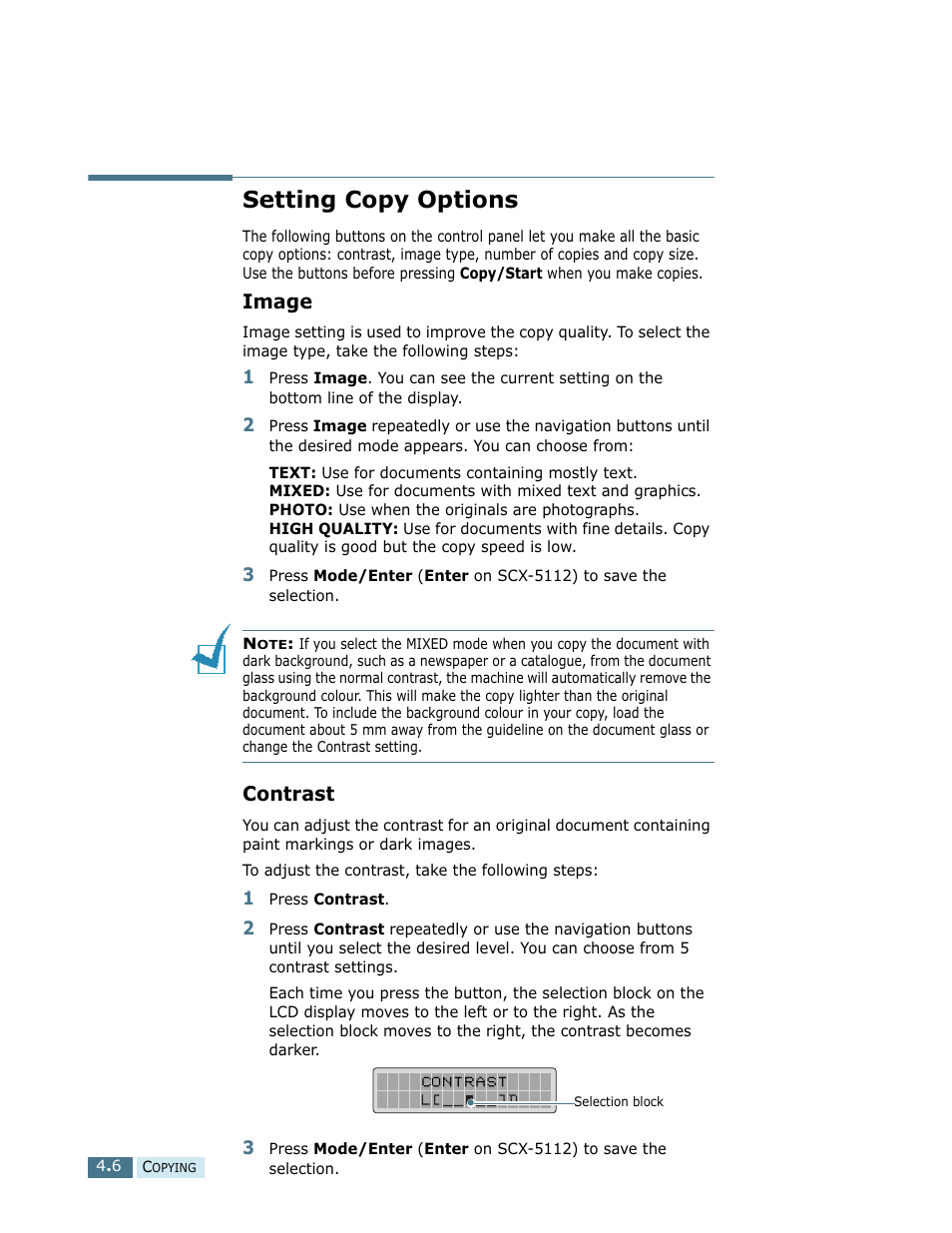 Setting copy options, Image, Contrast | Samsung SCX-5112 User Manual | Page 67 / 127