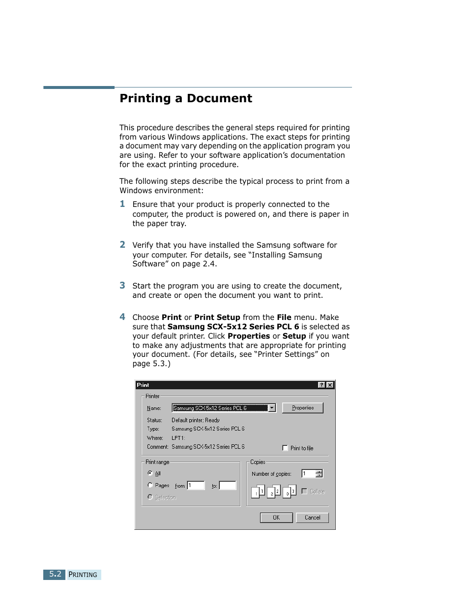 Printing a document | Samsung SCX-5112 User Manual | Page 75 / 127