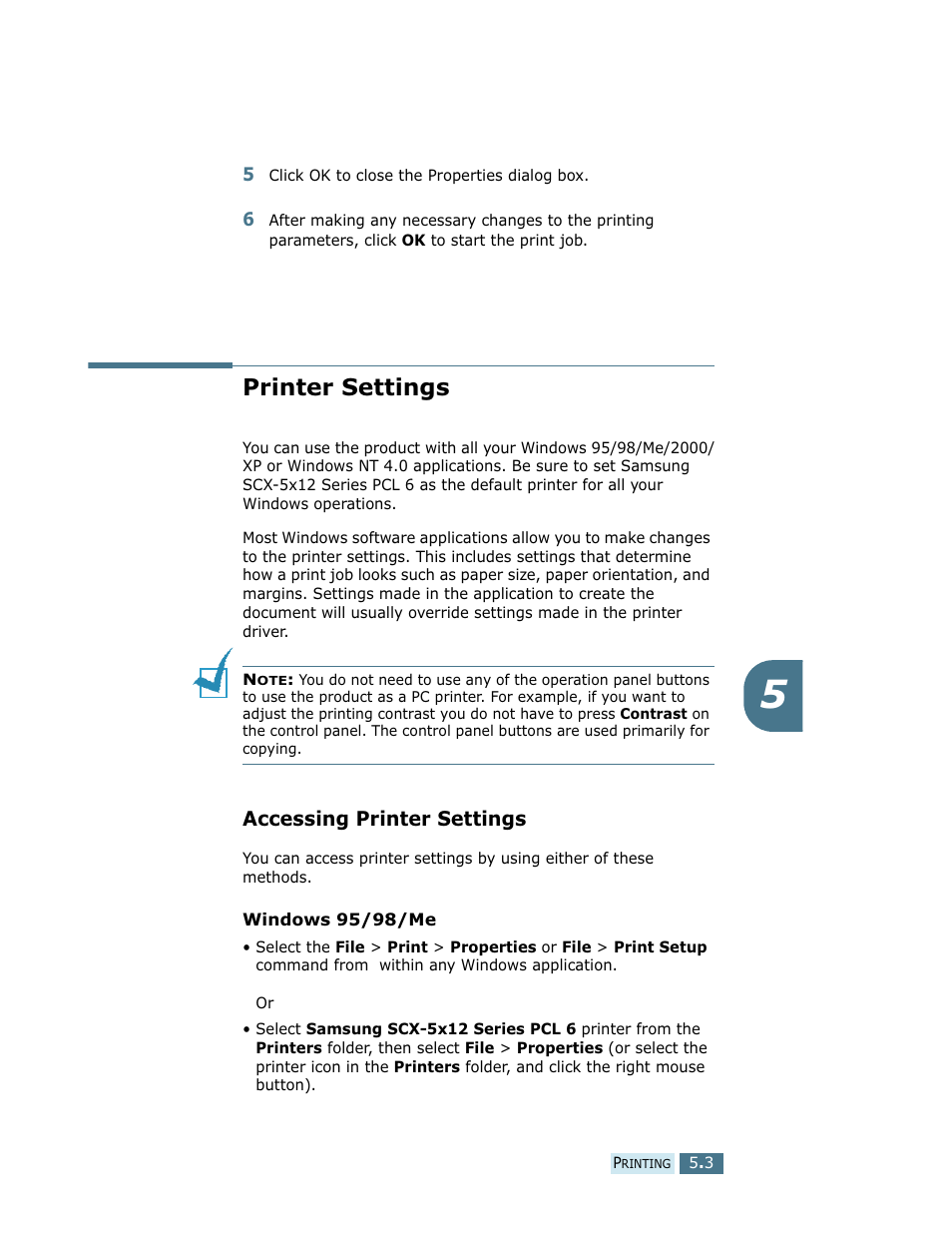 Printer settings, Accessing printer settings | Samsung SCX-5112 User Manual | Page 76 / 127