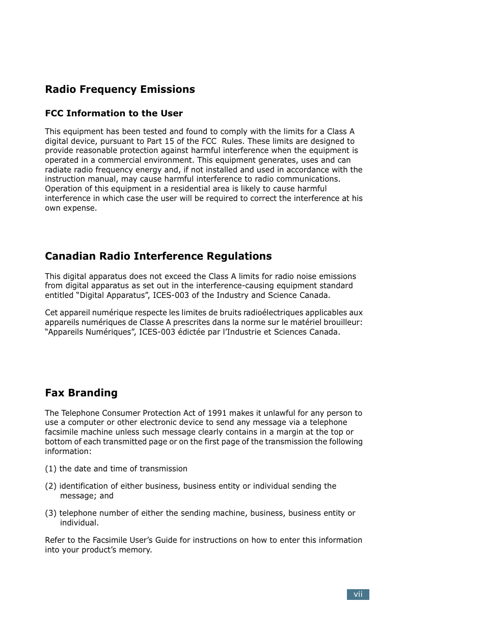 Radio frequency emissions, Canadian radio interference regulations, Fax branding | Samsung SCX-5112 User Manual | Page 8 / 127