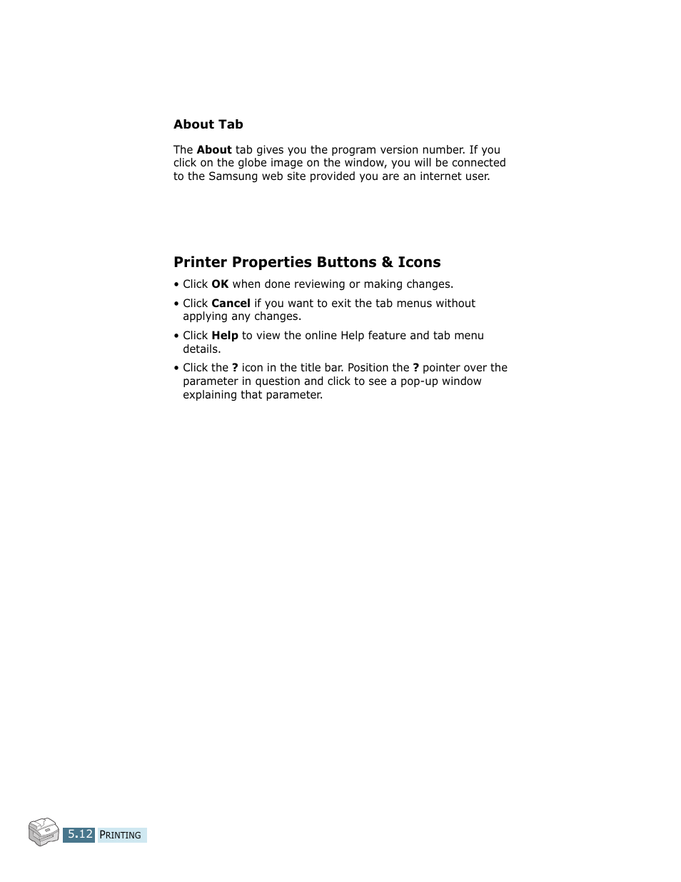 Printer properties buttons & icons | Samsung SCX-5112 User Manual | Page 85 / 127