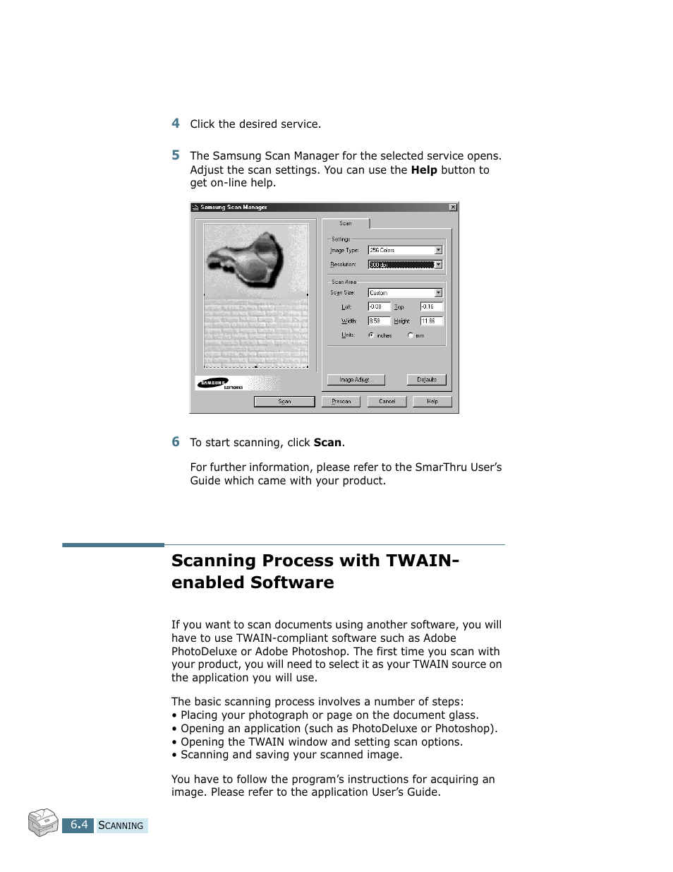 Scanning process with twain-enabled software, Scanning process with twain- enabled software | Samsung SCX-5112 User Manual | Page 89 / 127