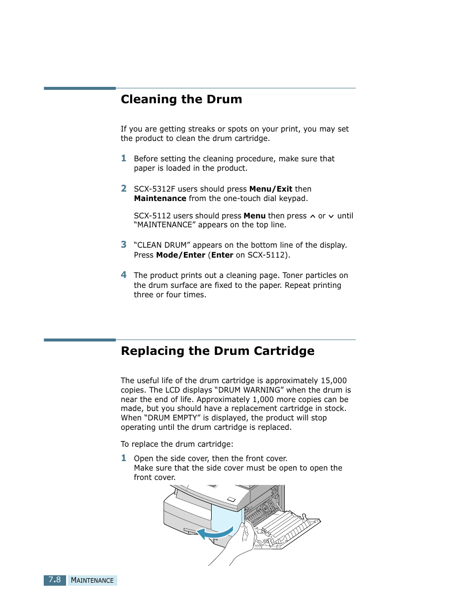 Cleaning the drum replacing the drum cartridge, Cleaning the drum, Replacing the drum cartridge | Samsung SCX-5112 User Manual | Page 97 / 127