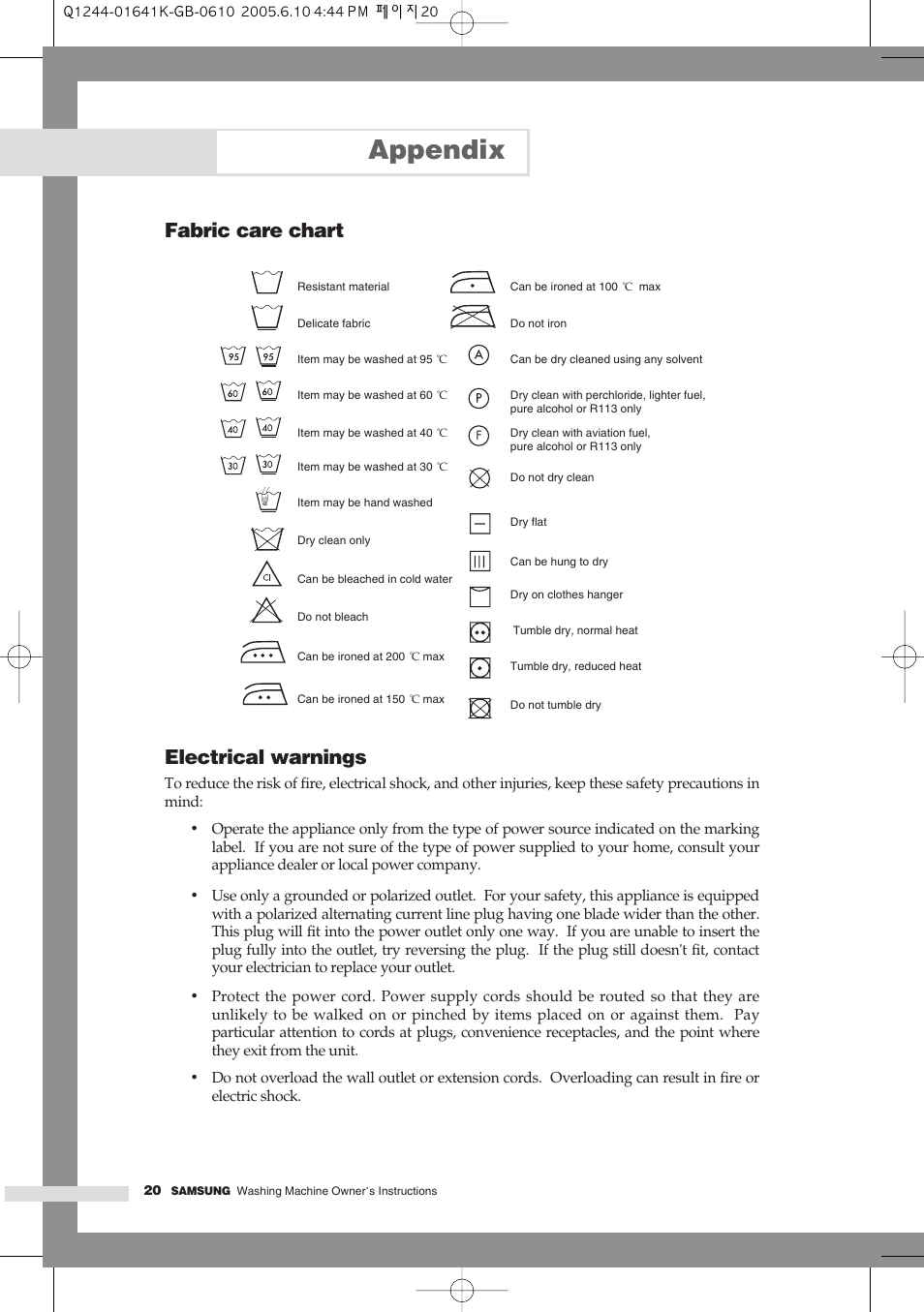 Appendix, Fabric care chart electrical warnings | Samsung Q844 User Manual | Page 46 / 48