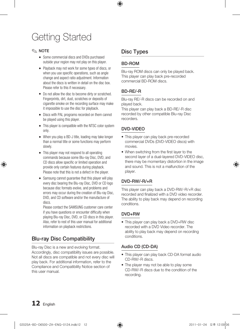 Blu-ray disc compatibility, Disc types, Getting started | Samsung BD-D6500 User Manual | Page 12 / 74