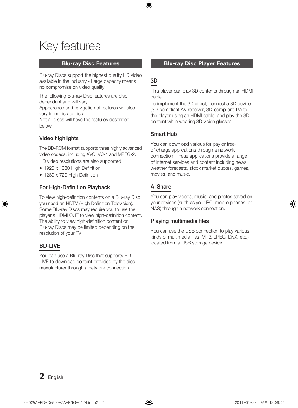 Key features, Blu-ray disc features, Blu-ray disc player features | Samsung BD-D6500 User Manual | Page 2 / 74