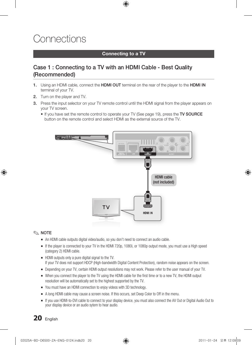 Connections, Connecting to a tv | Samsung BD-D6500 User Manual | Page 20 / 74