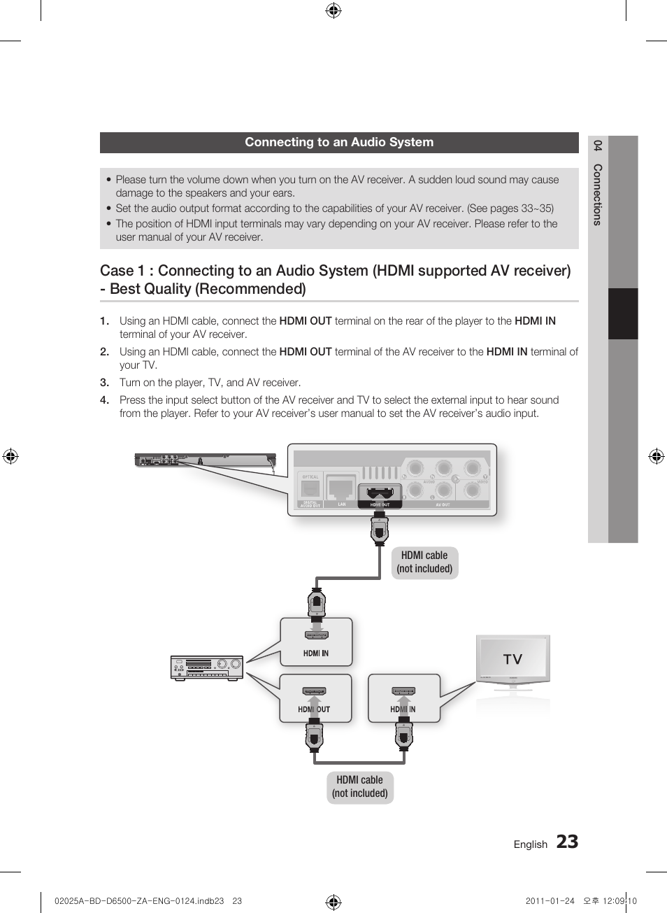 Connecting to an audio system | Samsung BD-D6500 User Manual | Page 23 / 74