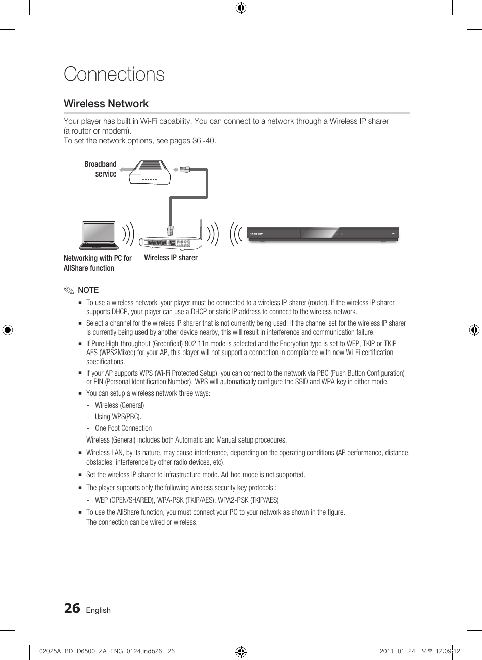 Wireless network, Connections | Samsung BD-D6500 User Manual | Page 26 / 74