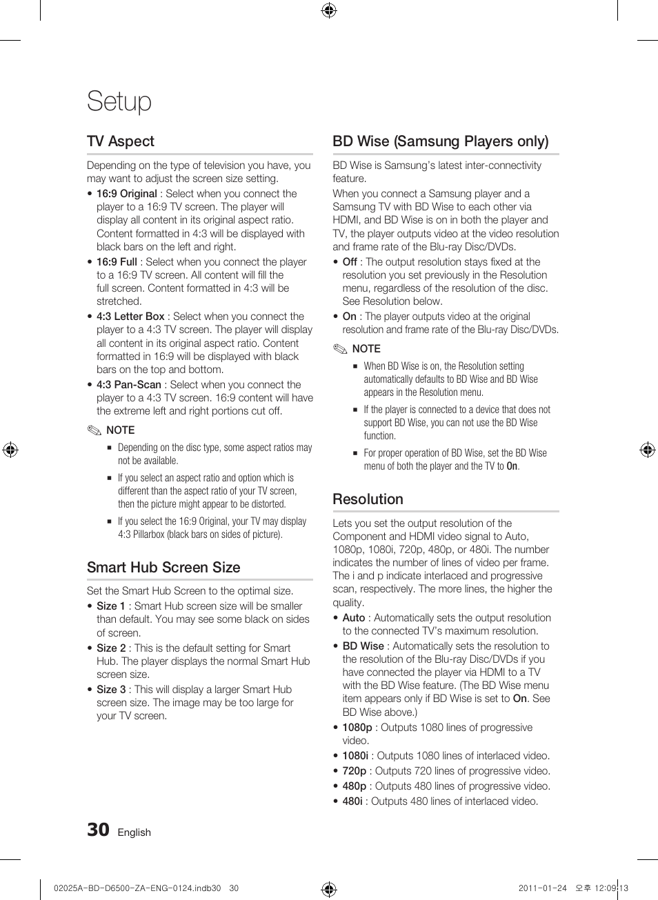 Tv aspect, Smart hub screen size, Bd wise (samsung players only) | Resolution, Setup | Samsung BD-D6500 User Manual | Page 30 / 74