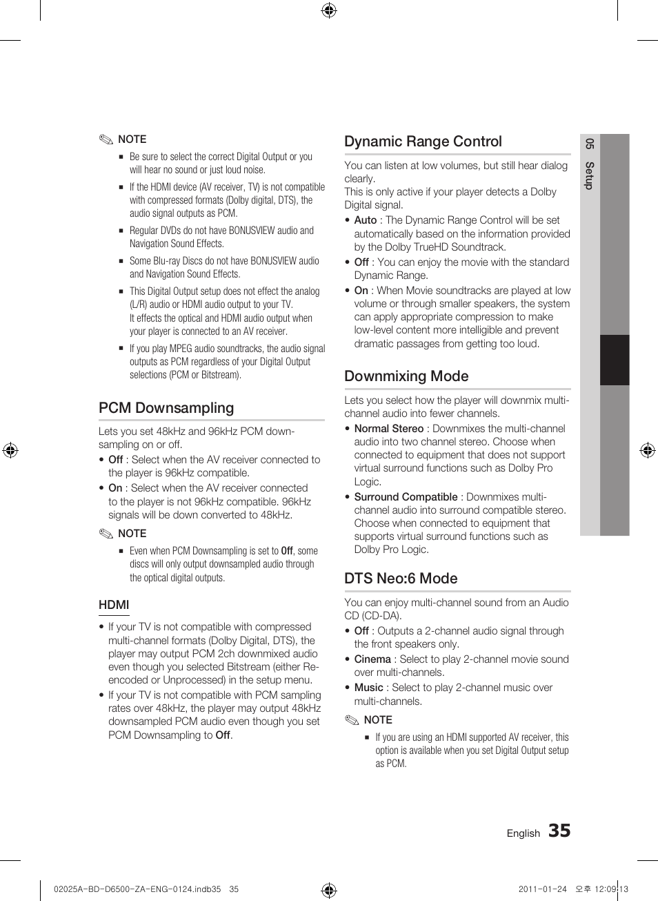 Pcm downsampling, Dynamic range control, Downmixing mode | Dts neo:6 mode | Samsung BD-D6500 User Manual | Page 35 / 74