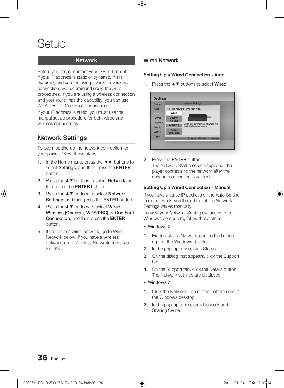 Network, Network settings, Setup | Samsung BD-D6500 User Manual | Page 36 / 74