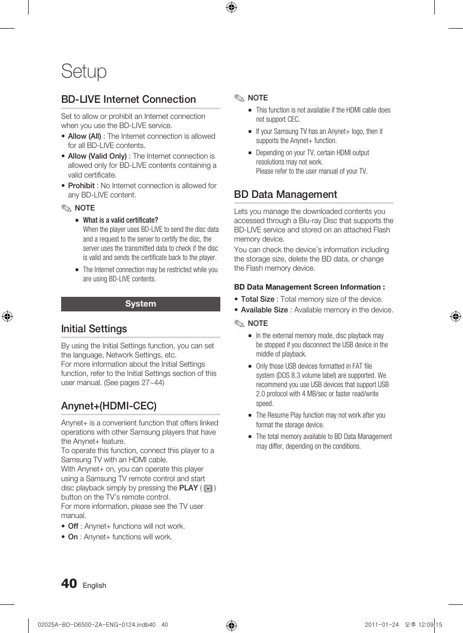 Bd-live internet connection, System, Initial settings | Anynet+(hdmi-cec), Bd data management, Setup | Samsung BD-D6500 User Manual | Page 40 / 74