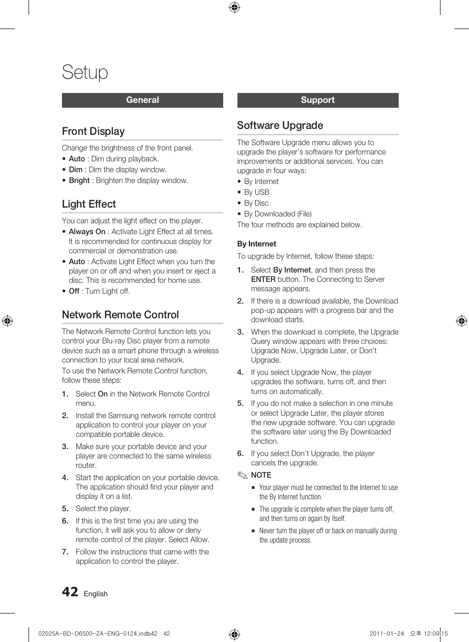 General, Front display, Light effect | Network remote control, Support, Software upgrade, Setup | Samsung BD-D6500 User Manual | Page 42 / 74