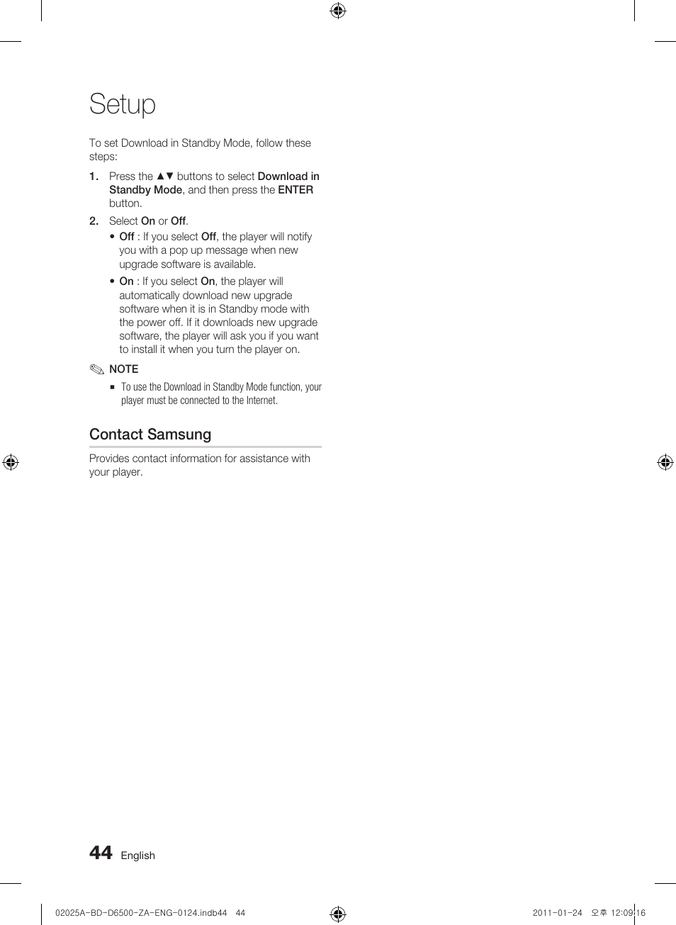 Contact samsung, Setup | Samsung BD-D6500 User Manual | Page 44 / 74