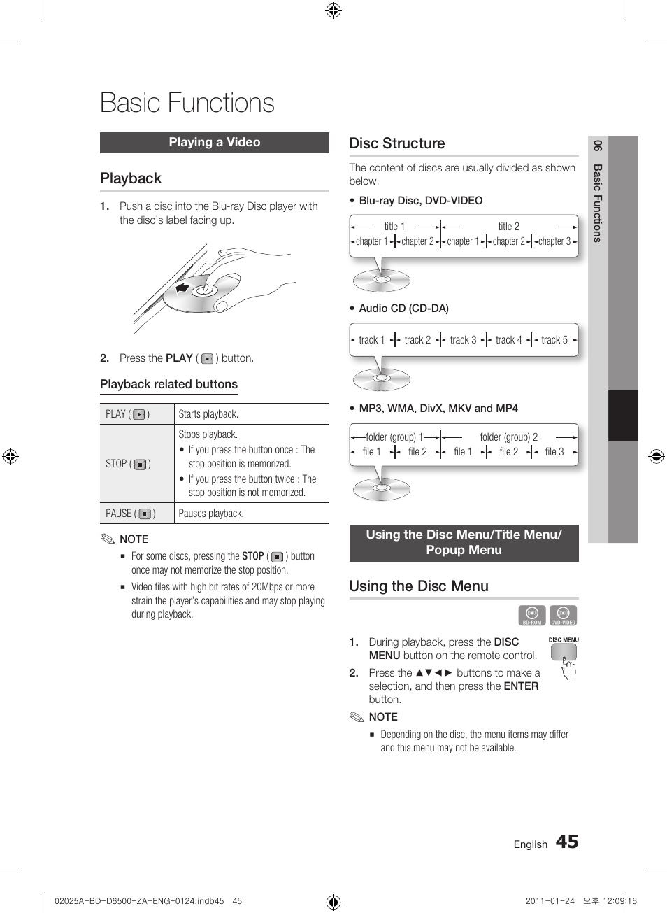 Basic functions, Playing a video, Playback | Disc structure, Using the disc menu/title menu/popup menu, Using the disc menu | Samsung BD-D6500 User Manual | Page 45 / 74