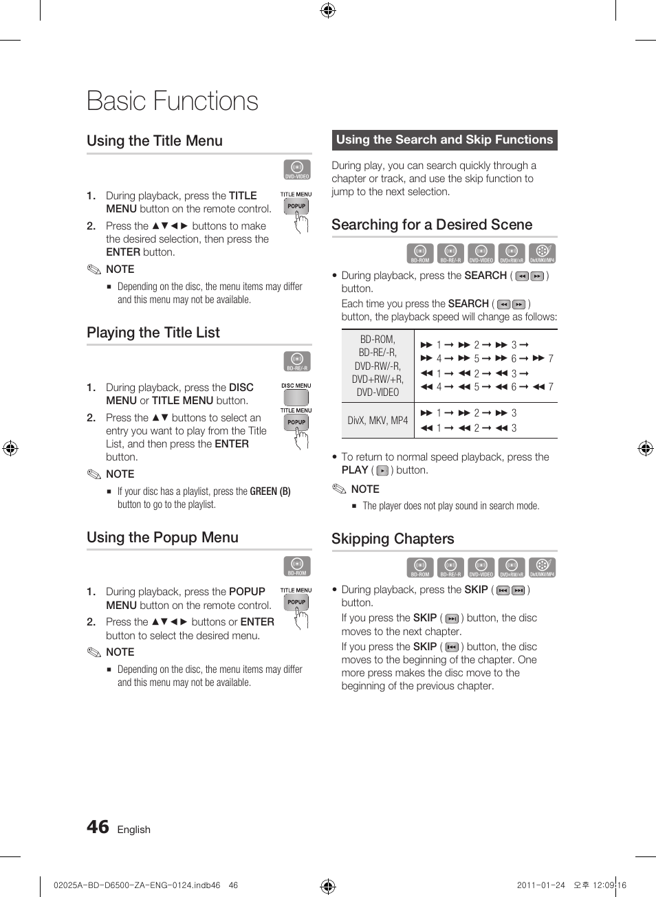 Using the title menu, Playing the title list, Using the popup menu | Using the search and skip functions, Searching for a desired scene, Skipping chapters, Basic functions | Samsung BD-D6500 User Manual | Page 46 / 74