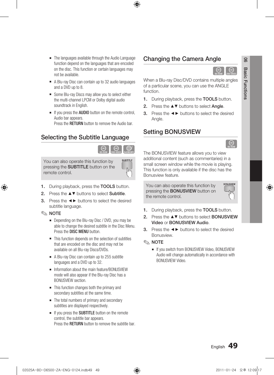 Selecting the subtitle language, Changing the camera angle, Setting bonusview | Samsung BD-D6500 User Manual | Page 49 / 74