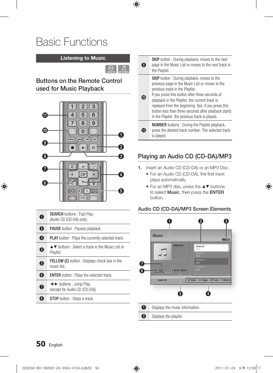 Listening to music, Playing an audio cd (cd-da)/mp3, Basic functions | Audio cd (cd-da)/mp3 screen elements | Samsung BD-D6500 User Manual | Page 50 / 74