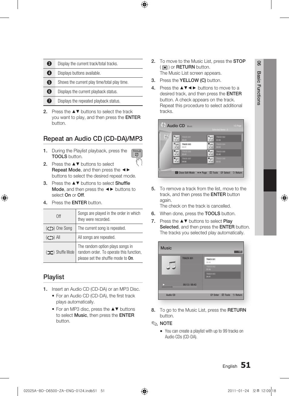 Repeat an audio cd (cd-da)/mp3, Playlist | Samsung BD-D6500 User Manual | Page 51 / 74