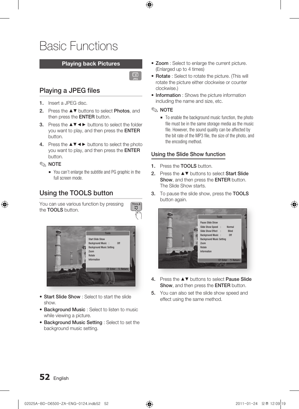 Playing back pictures, Playing a jpeg files, Using the tools button | Basic functions | Samsung BD-D6500 User Manual | Page 52 / 74