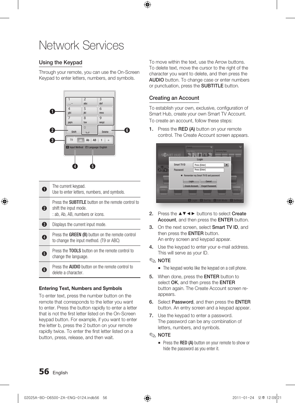 Network services, Using the keypad, Creating an account | Samsung BD-D6500 User Manual | Page 56 / 74