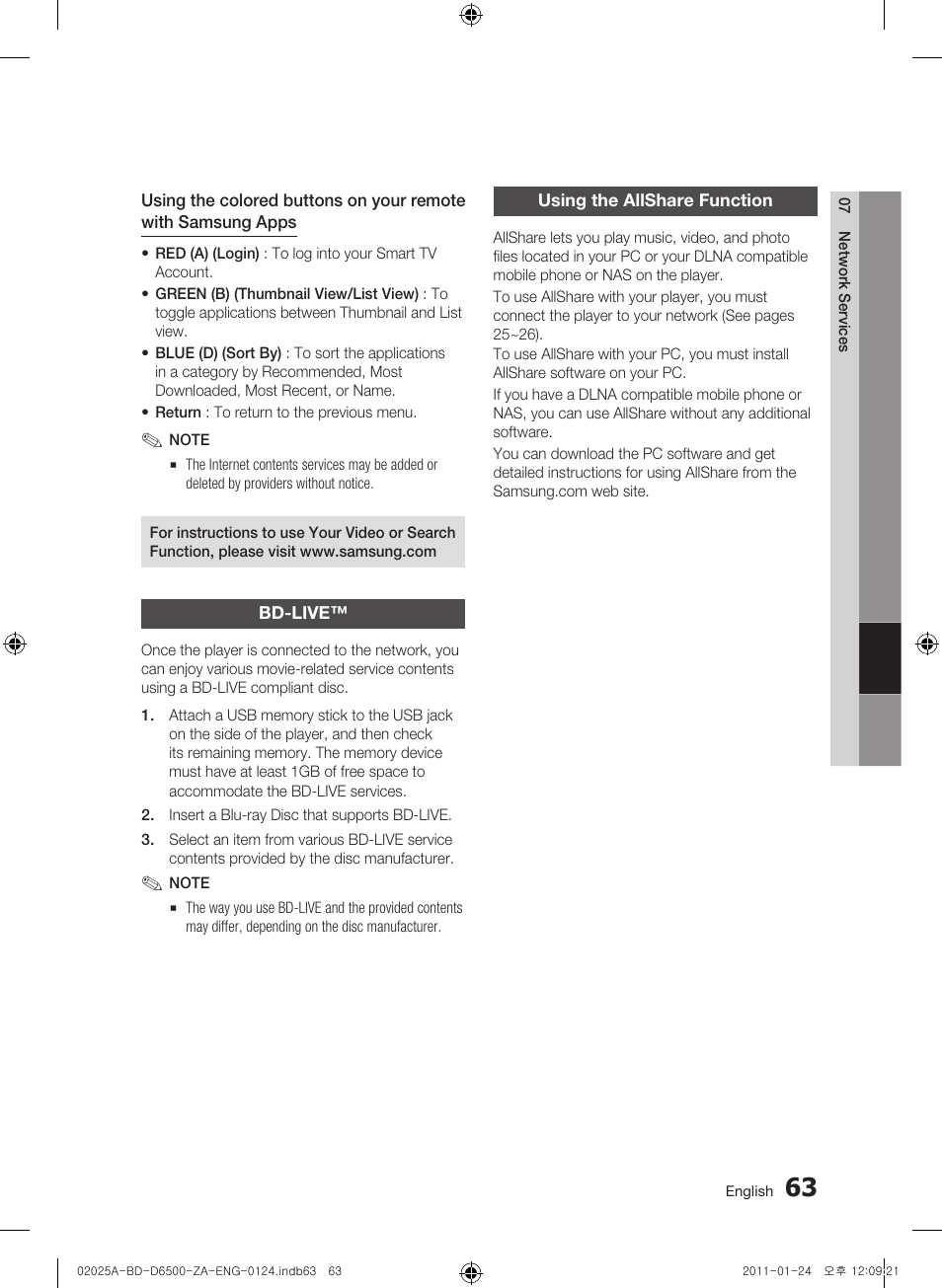 Bd-live, Using the allshare function | Samsung BD-D6500 User Manual | Page 63 / 74