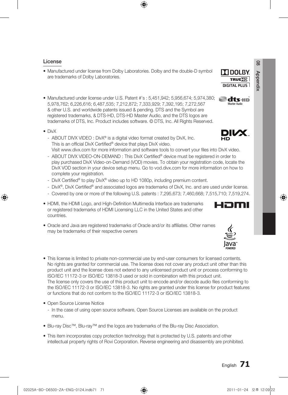 Samsung BD-D6500 User Manual | Page 71 / 74