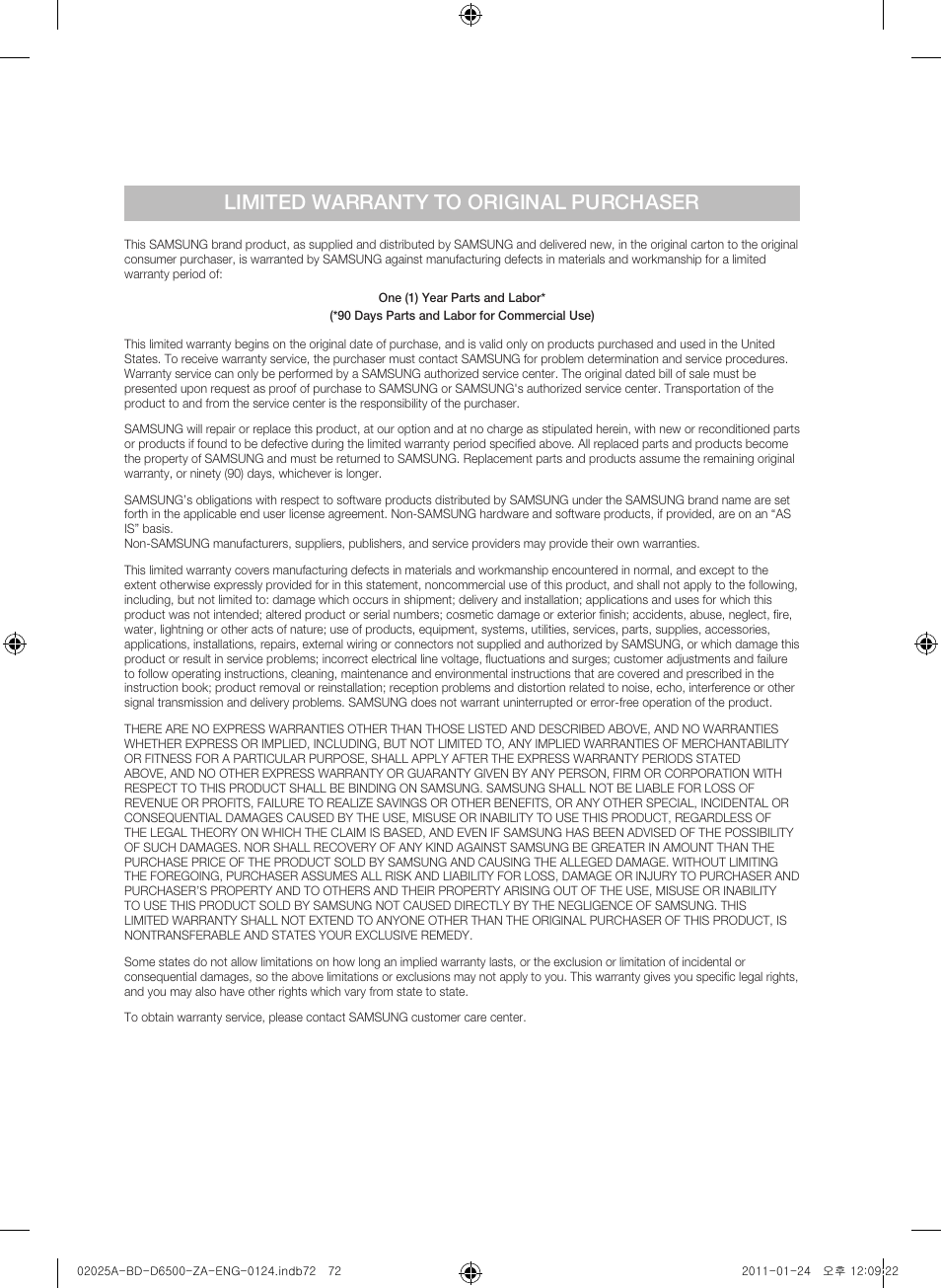 Limited warranty to original purchaser | Samsung BD-D6500 User Manual | Page 72 / 74