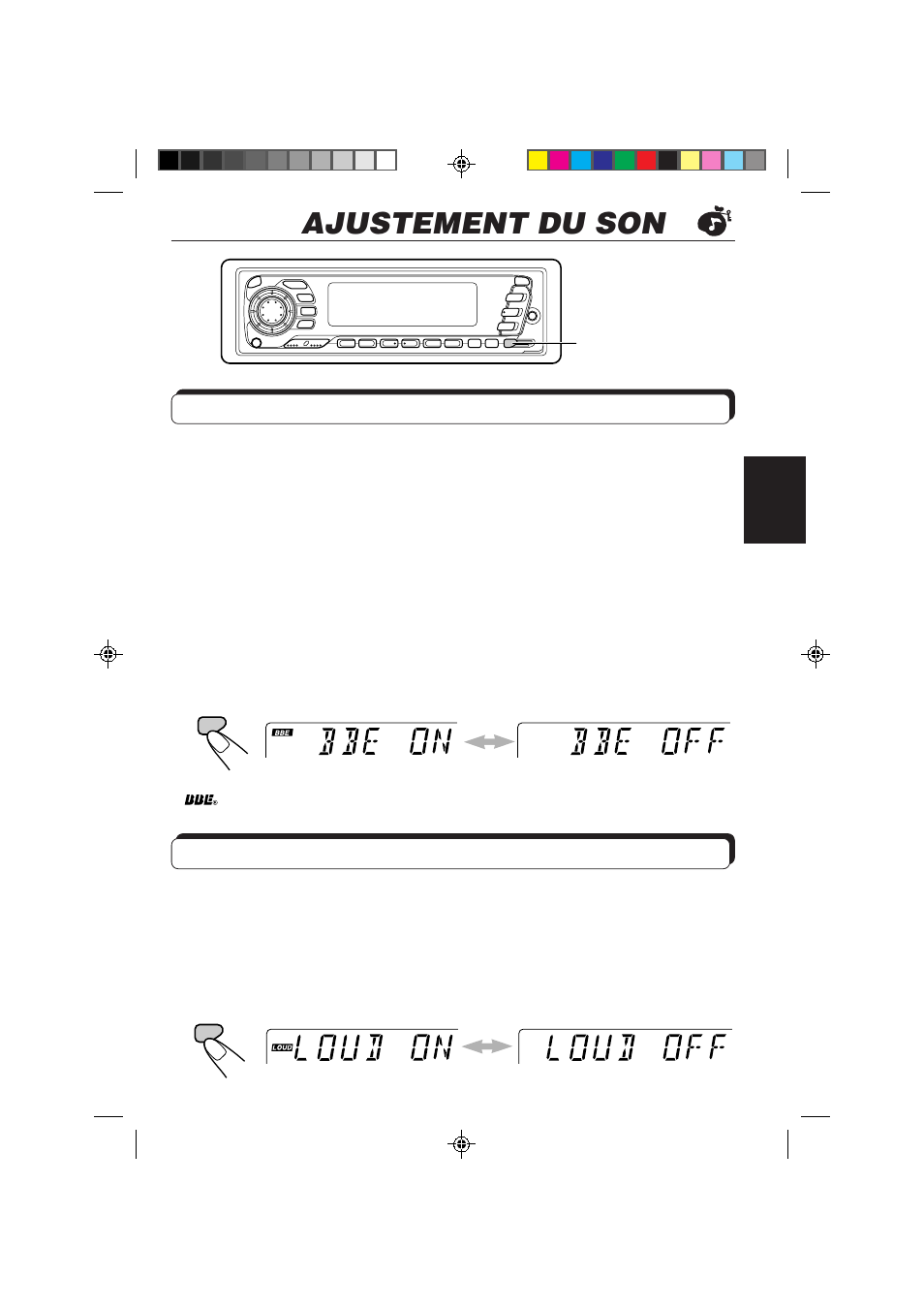 Ajustement du son, Mise en/hors service de la fonction bbe, Mise en/hors service de la fonction loudness | JVC KS-FX840R User Manual | Page 113 / 186