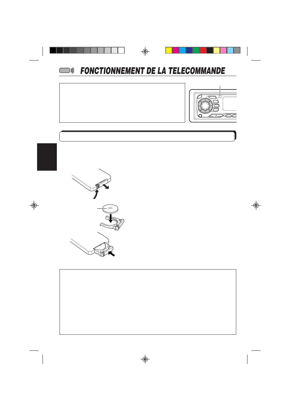 Fonctionnement de la telecommande, Mise en place des piles | JVC KS-FX840R User Manual | Page 126 / 186