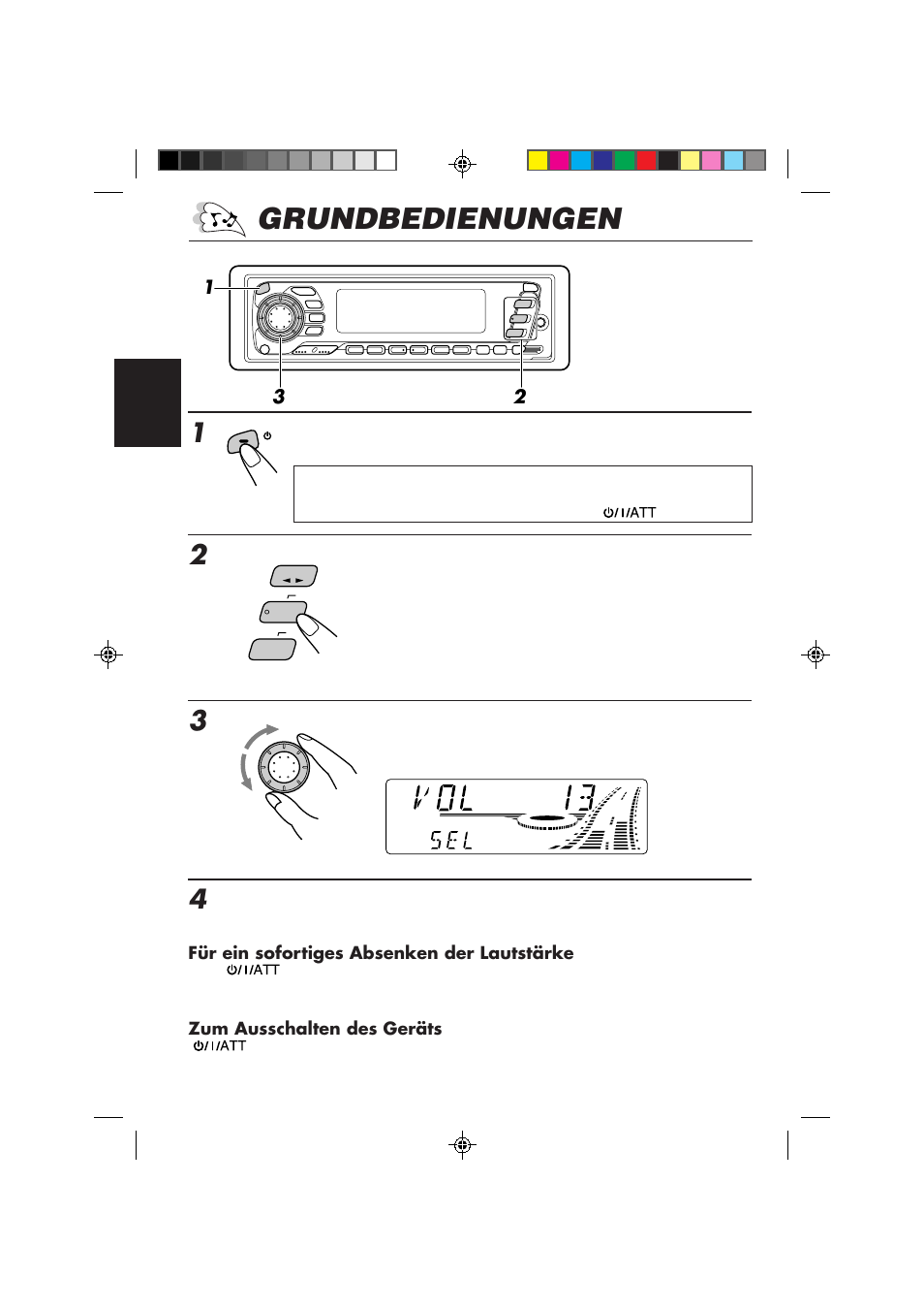 Grundbedienungen, Das gerät einschalten, Die programmquelle abspielen | Die lautstärke einstellen | JVC KS-FX840R User Manual | Page 50 / 186