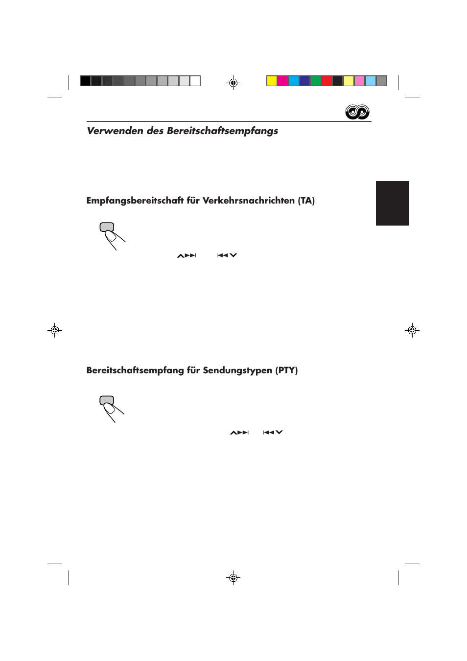 Verwenden des bereitschaftsempfangs, Empfangsbereitschaft für verkehrsnachrichten (ta), Bereitschaftsempfang für sendungstypen (pty) | JVC KS-FX840R User Manual | Page 57 / 186