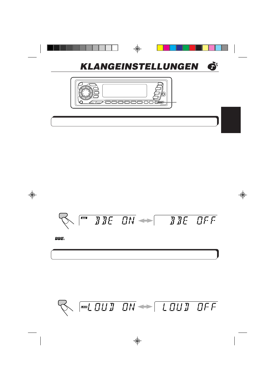 Klangeinstellungen, Ein- und ausschalten der bbe-funktion, Ein- und ausschalten der loudness-funktion | JVC KS-FX840R User Manual | Page 67 / 186