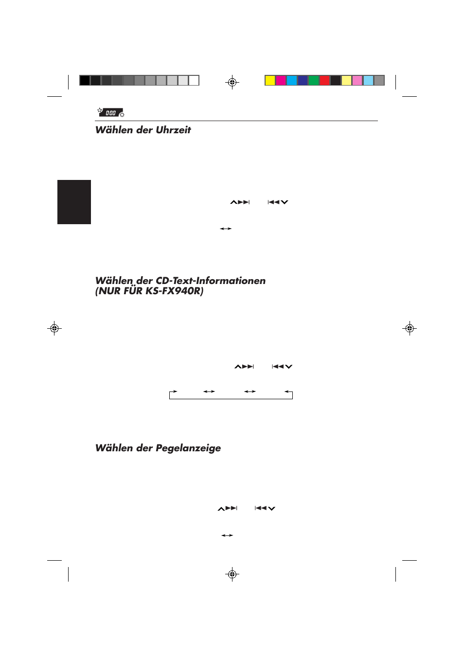 Wählen der uhrzeit, Wählen der pegelanzeige | JVC KS-FX840R User Manual | Page 74 / 186