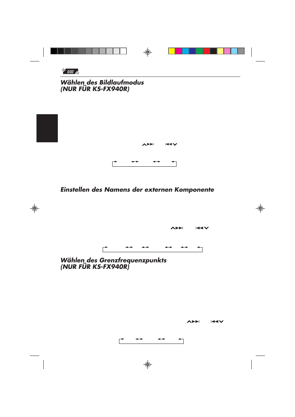 Wählen des bildlaufmodus (nur für ks-fx940r), Einstellen des namens der externen komponente, Wählen des grenzfrequenzpunkts (nur für ks-fx940r) | JVC KS-FX840R User Manual | Page 78 / 186