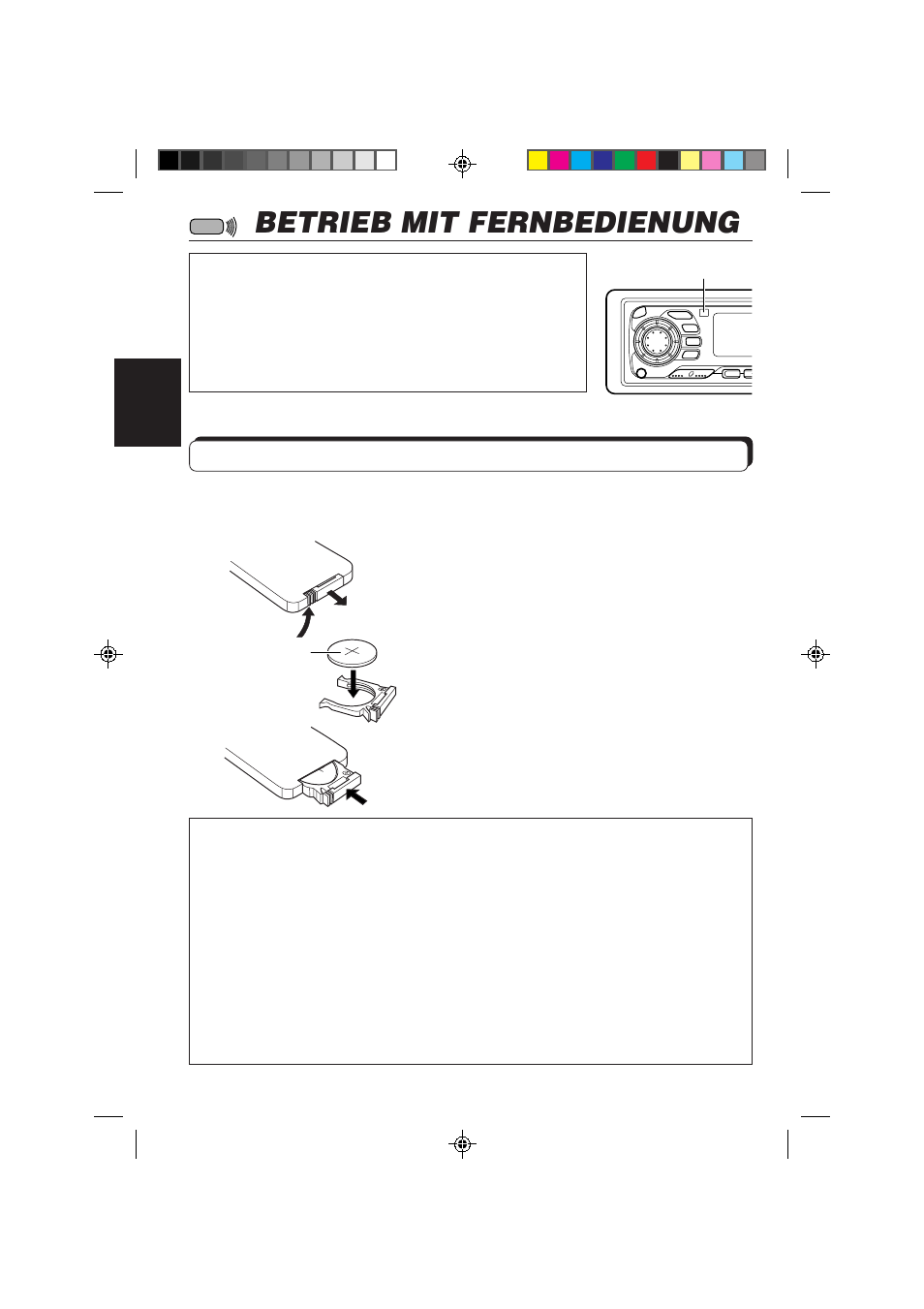 Betrieb mit fernbedienung, Einlegen der batterien | JVC KS-FX840R User Manual | Page 80 / 186