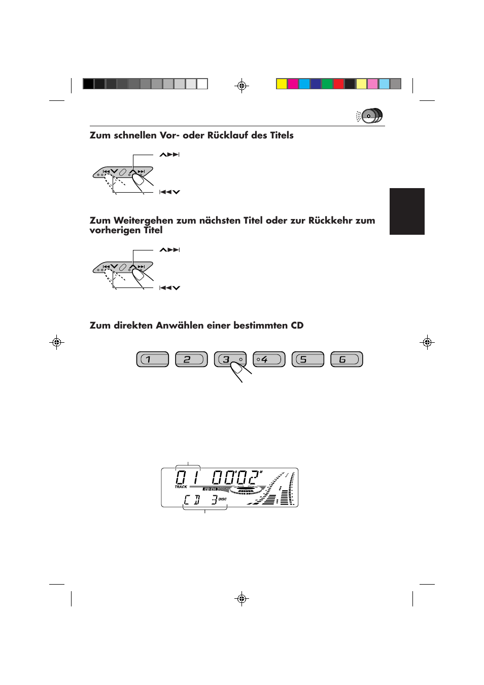 Zum schnellen vor- oder rücklauf des titels, Zum direkten anwählen einer bestimmten cd | JVC KS-FX840R User Manual | Page 83 / 186