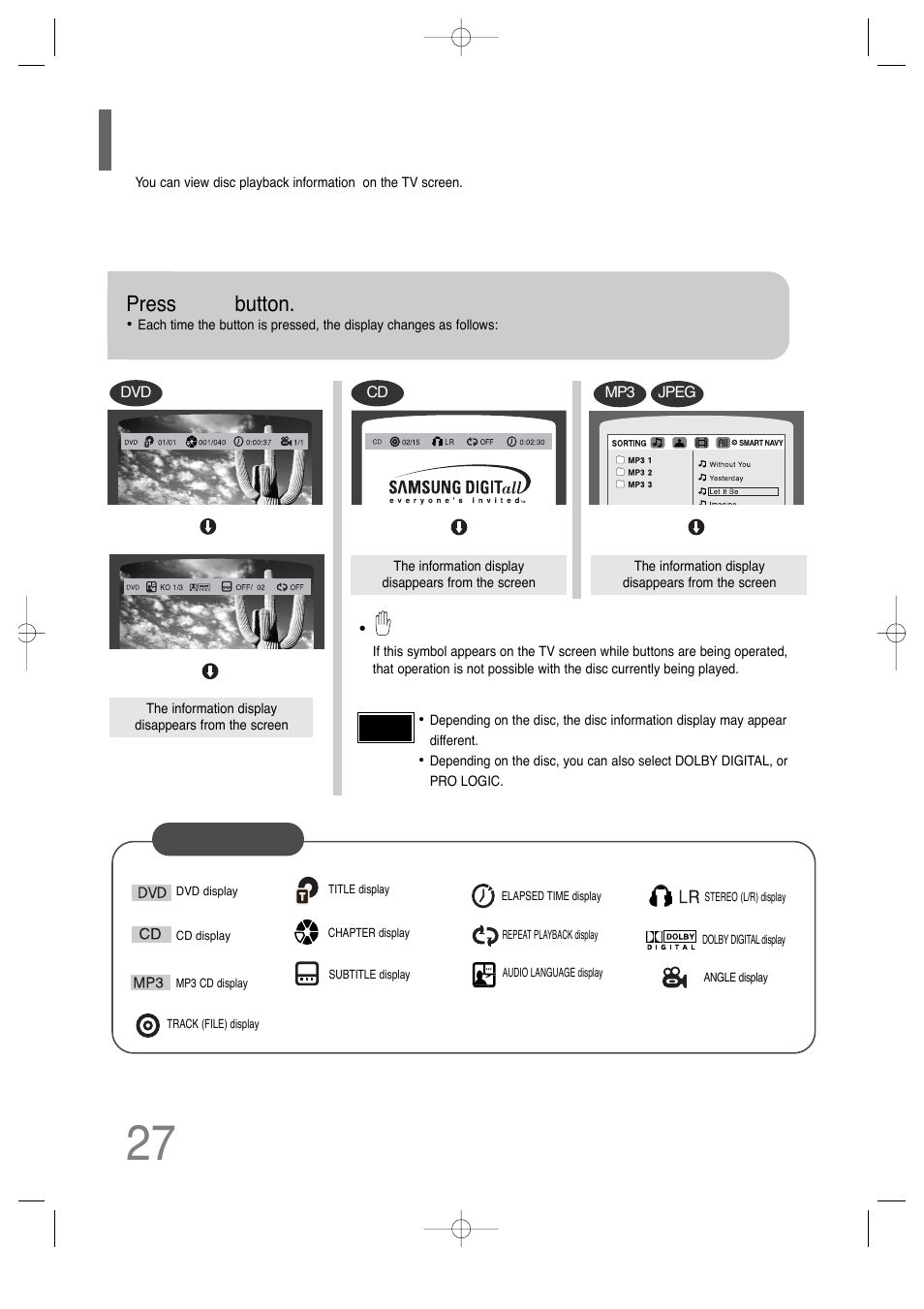 Displaying disc information, Press info button | Samsung AH68-01701V User Manual | Page 29 / 71