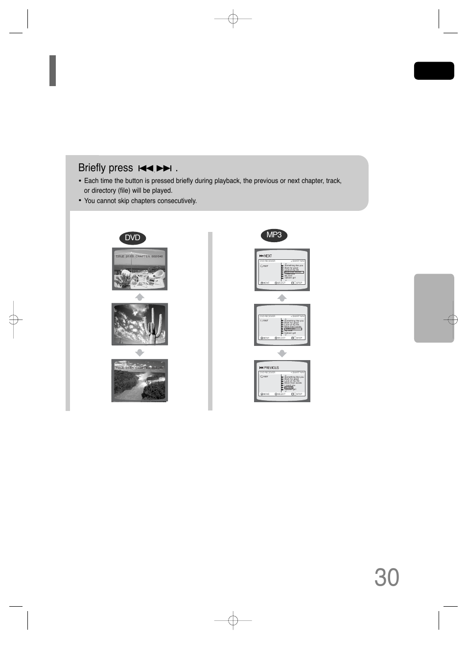 Skipping scenes/songs, Briefly press, Opera tion | You cannot skip chapters consecutively | Samsung AH68-01701V User Manual | Page 32 / 71