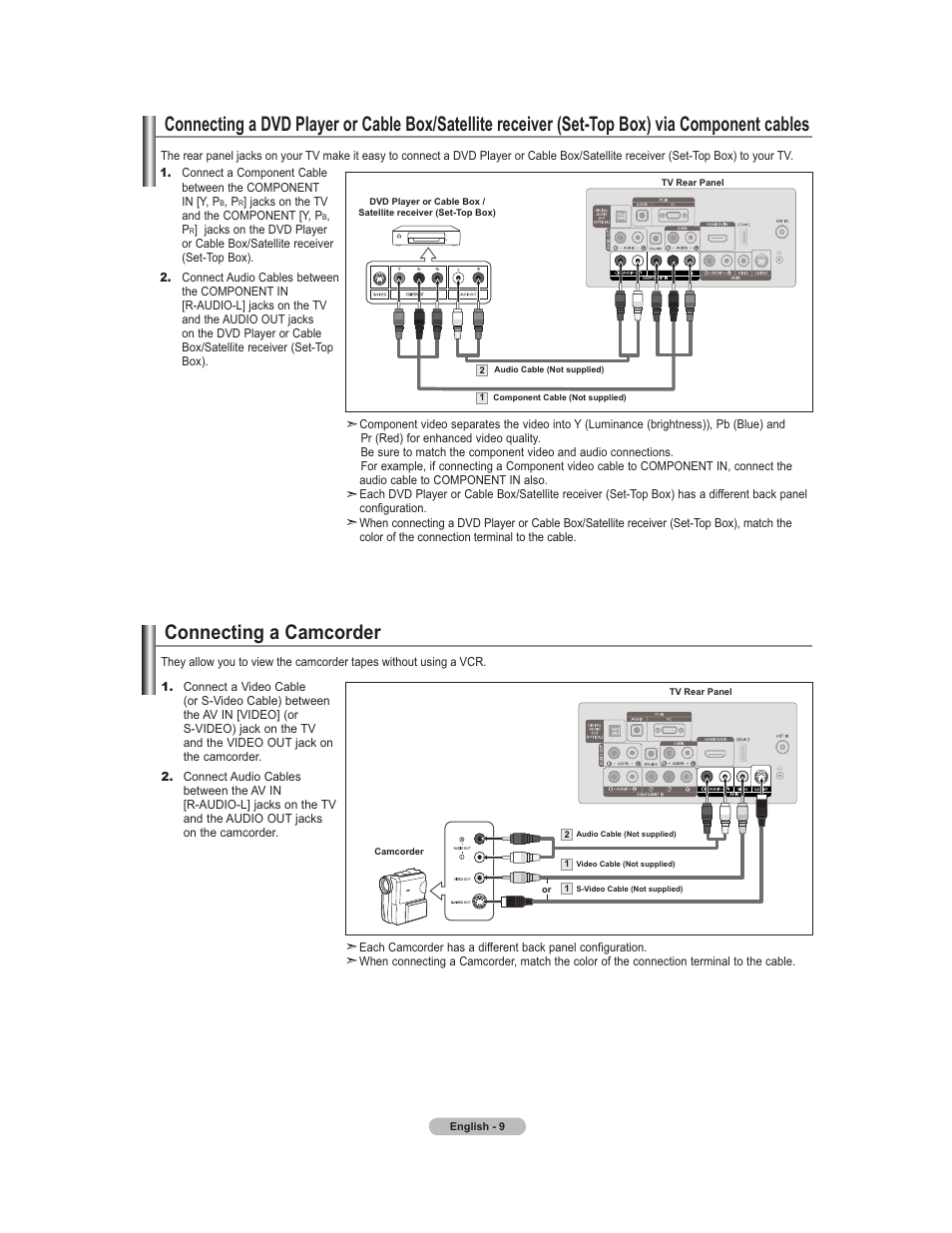 Component video sources, Camcorder, Connecting a camcorder | Samsung 451 User Manual | Page 11 / 81