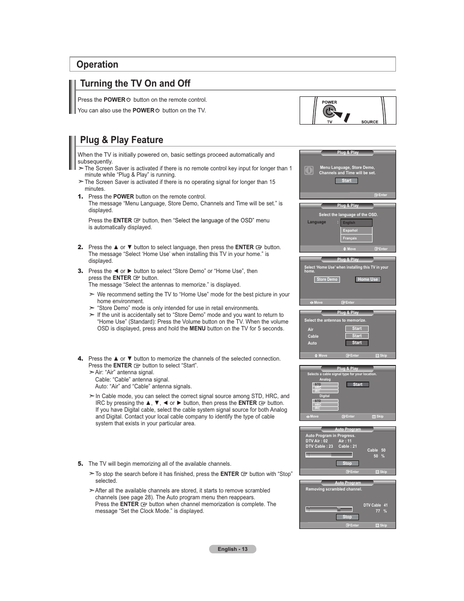 Plug & play setup, Operation, Power on / off | Plug & play feature, Turning the tv on and off | Samsung 451 User Manual | Page 15 / 81