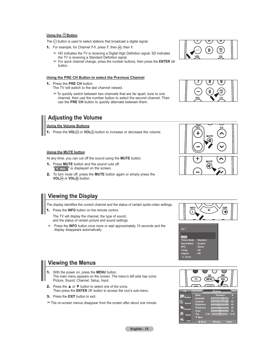 Volume / mute, Viewing the display, Viewing the menus | Adjusting the volume | Samsung 451 User Manual | Page 17 / 81
