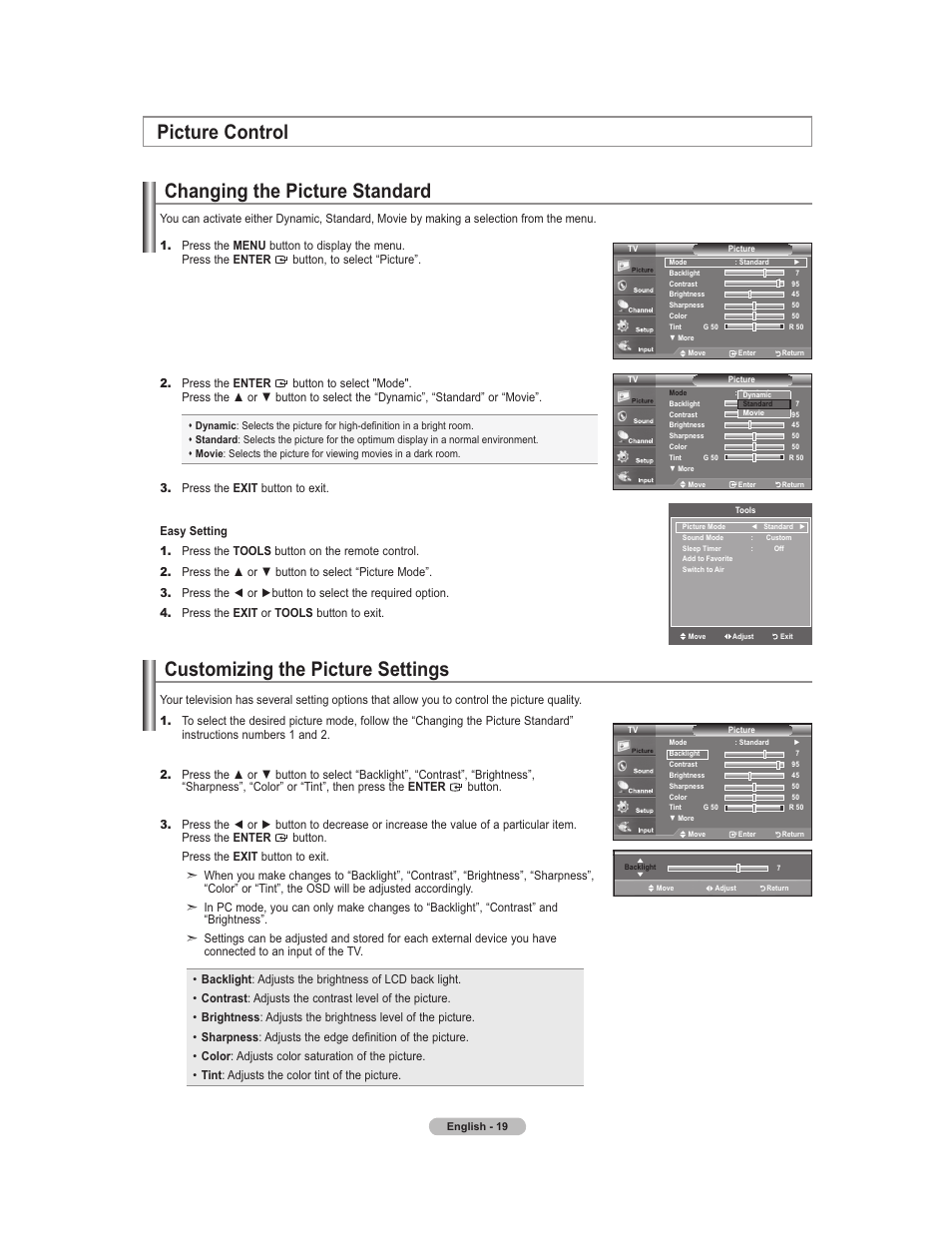 Picture control settings, Changing the picture standard, Customizing the picture settings | Picture control | Samsung 451 User Manual | Page 21 / 81